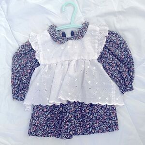 Hand Smocked Vintage Floral Kids Dress with White Eyelet Overlay